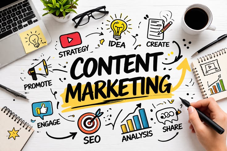 Kenyan entrepreneur building a content marketing strategy for small business in Kenya using laptop and mobile analytics in Nairobi