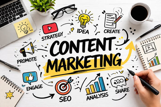 Kenyan entrepreneur building a content marketing strategy for small business in Kenya using laptop and mobile analytics in Nairobi