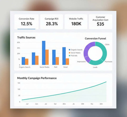 Google Ads digital marketing with dashboard analytics, keyword research, and campaign performance charts on a laptop screen