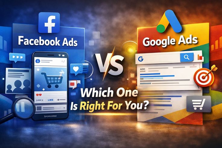 Google Ads vs Facebook Ads comparison showing digital marketing and marketing strategy performance metrics for businesses.